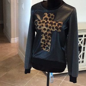 Madness National faux leather/sequin front top, long sleeves, size medium